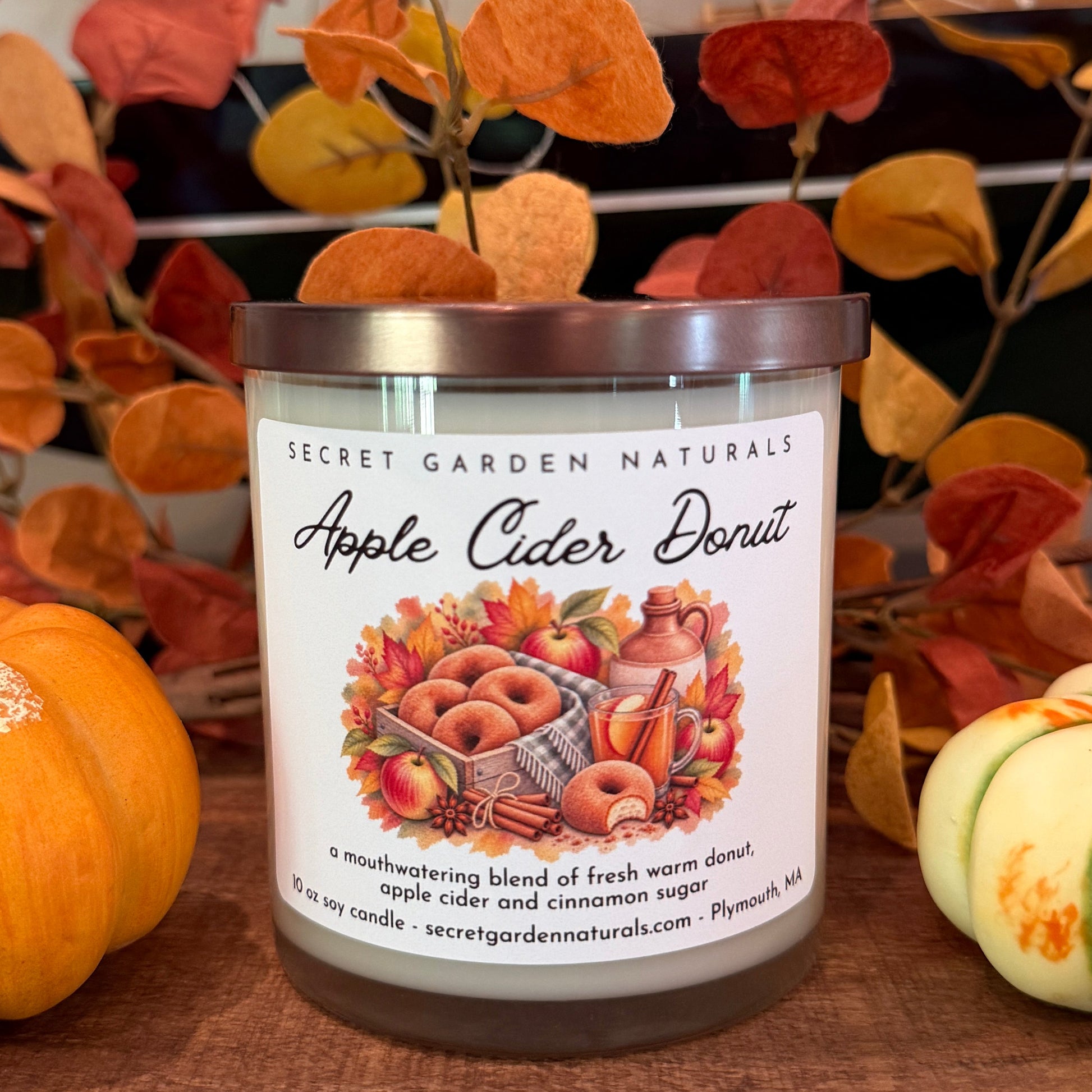 A jar candle labeled 'Apple Cider Donut' by Secret Garden Naturals sits on a wooden surface, styled with small pumpkins and autumn leaves in front of a ship model.