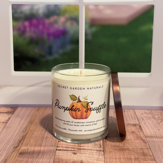 Pumpkin Souffle bande on wood table with window in background