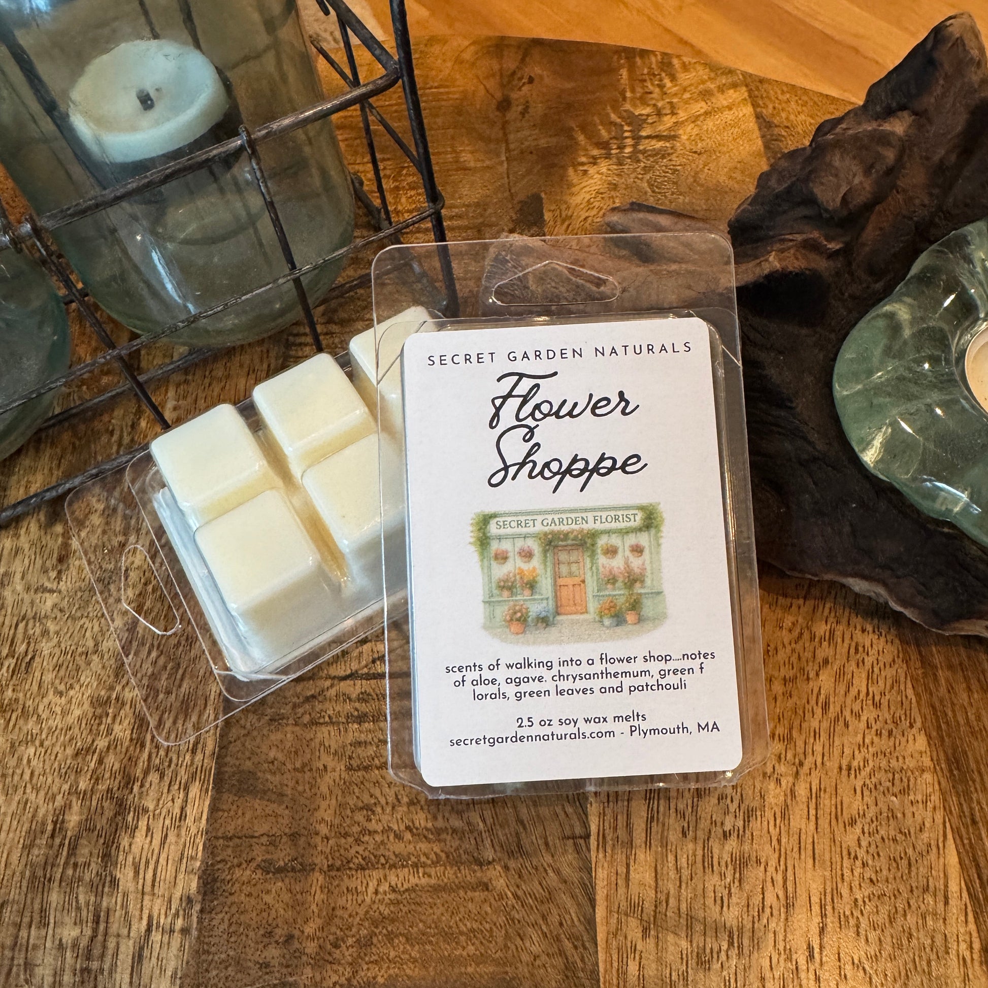 Flower Shoppe wax melts on a wooden table