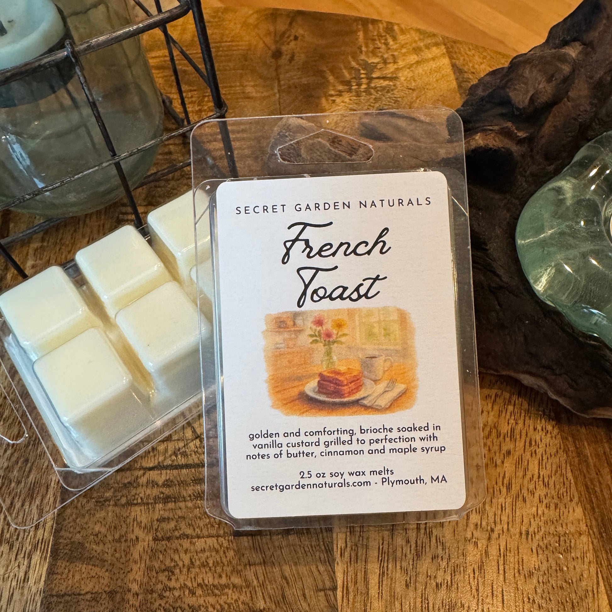 Packages of French Toast wax melts on a wooden table