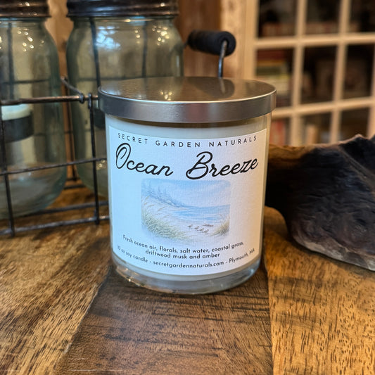 Ocean Breeze candle on a wooden table