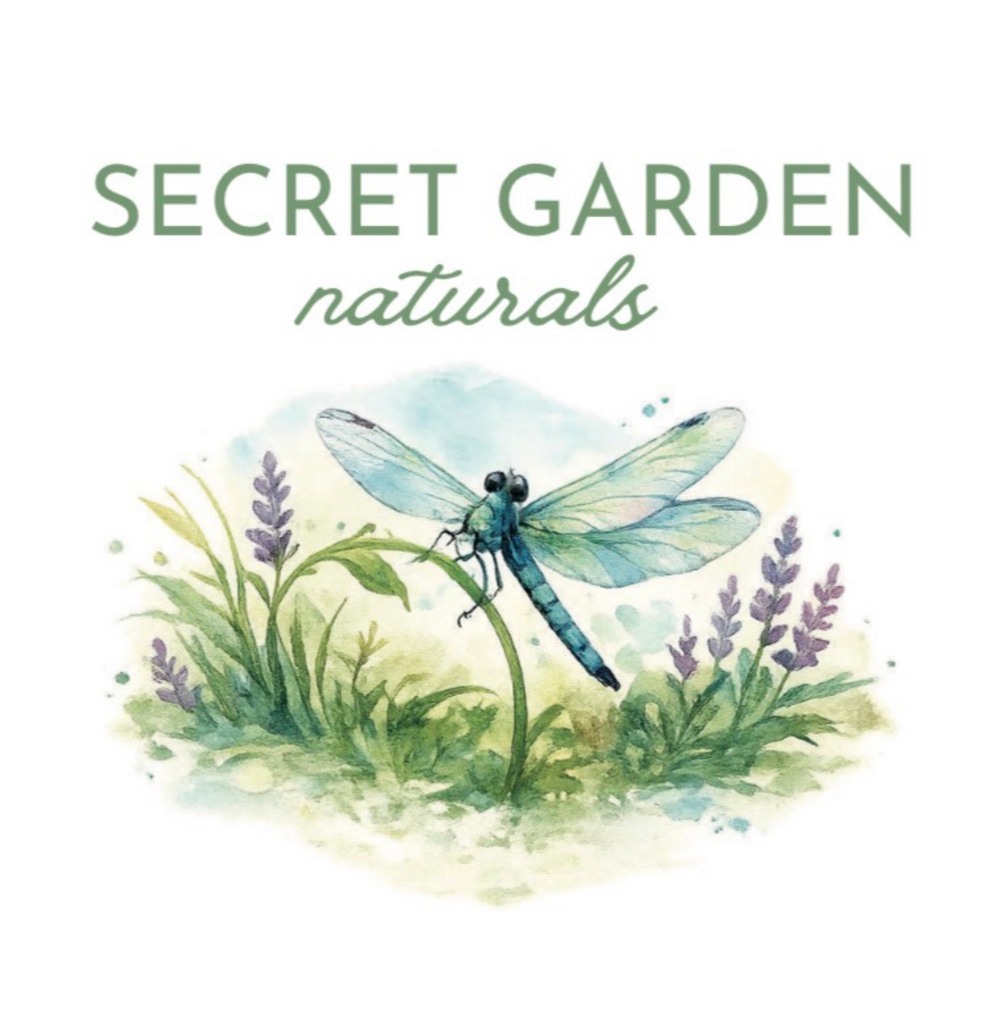 Promotional graphic for Secret Garden Naturals with a dragonfly and lavender illustration on a white background.