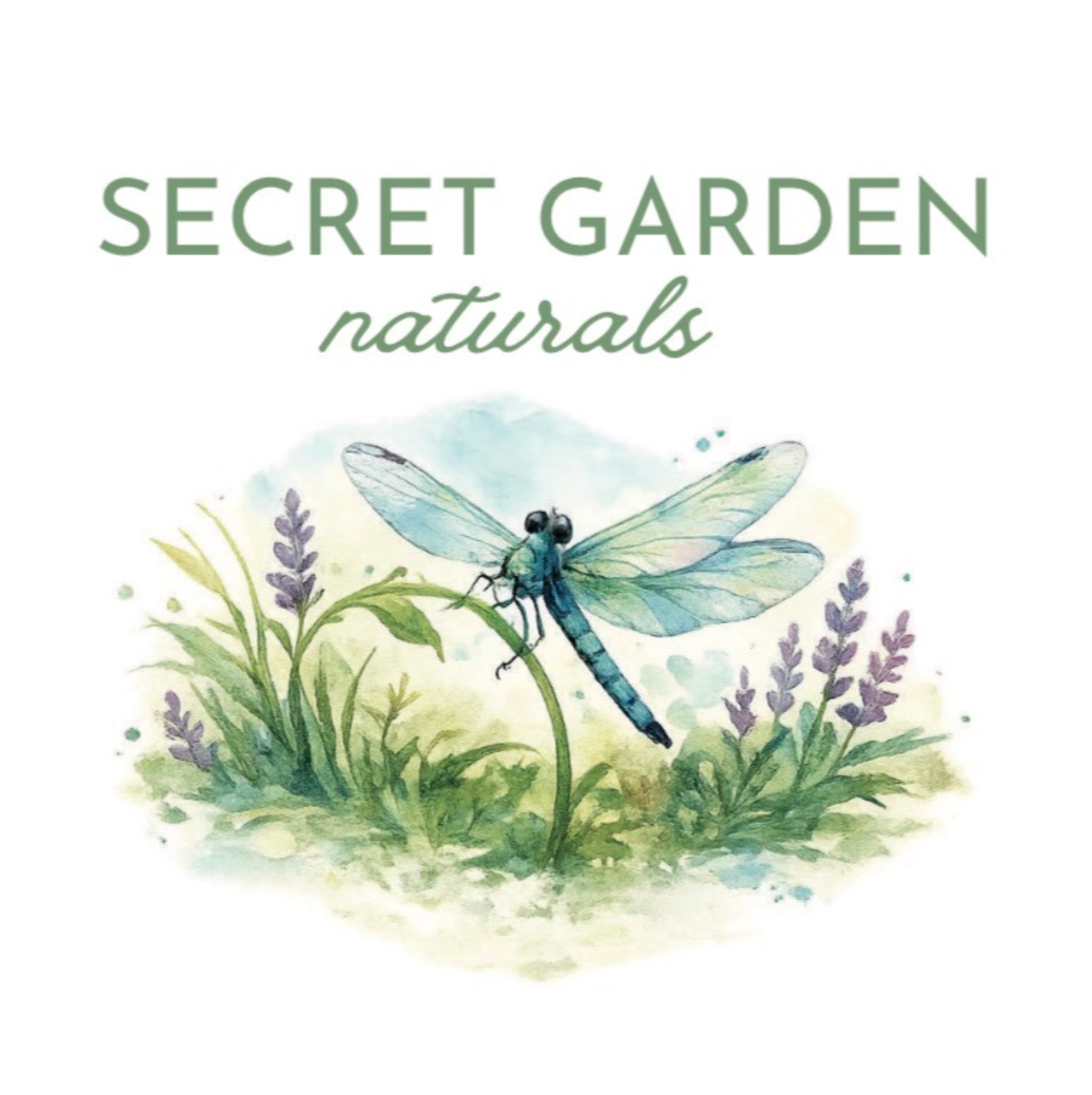 Promotional graphic for Secret Garden Naturals with a dragonfly and lavender illustration on a white background.